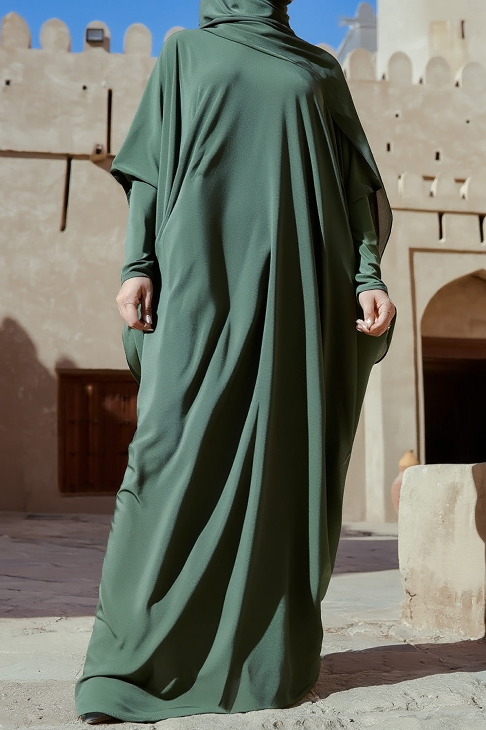 SB Relaxed Batwing Jersey Abaya AS015 in donkergroen