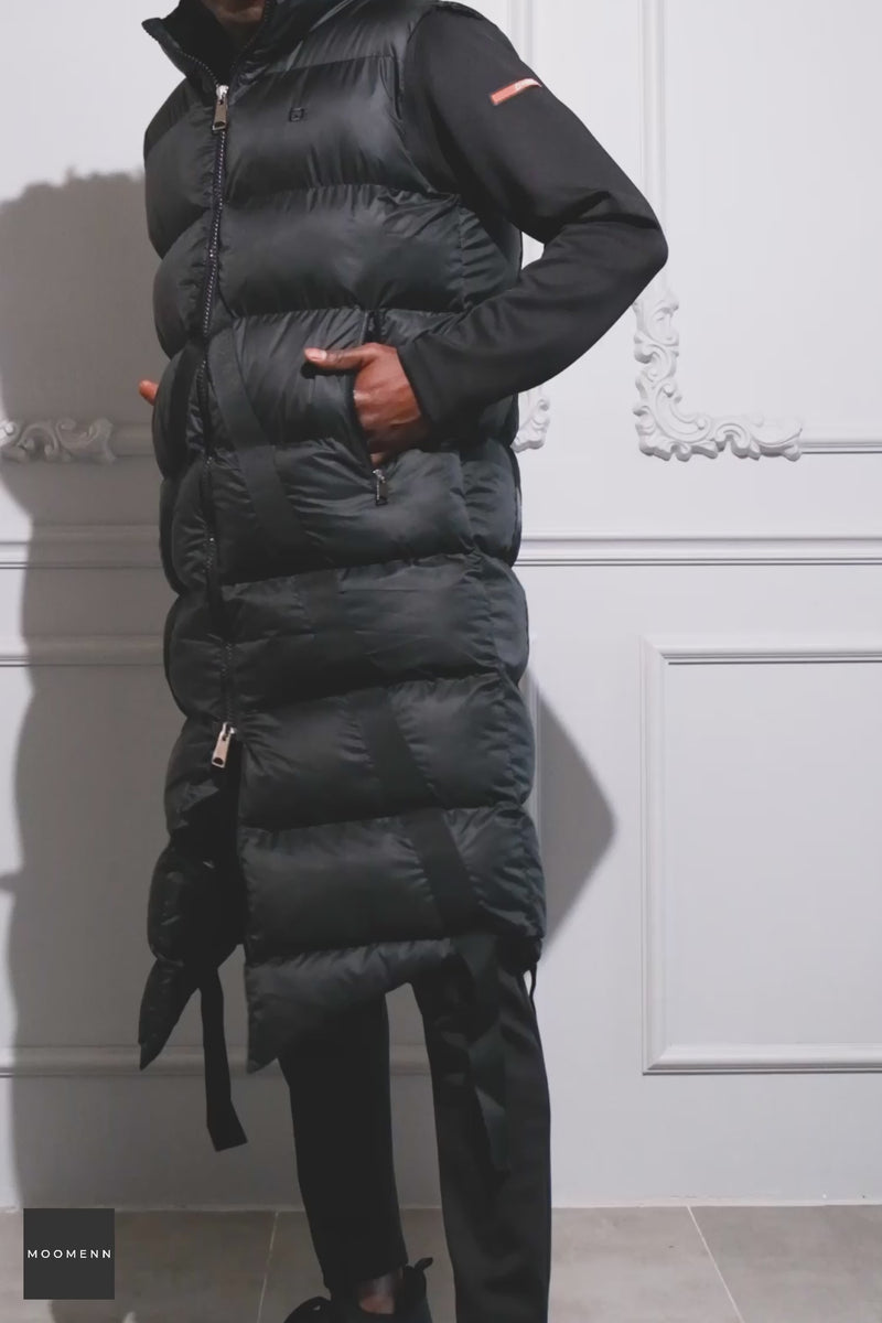 QL Sleeveless Longline Puffer Hooded Gilet in Black